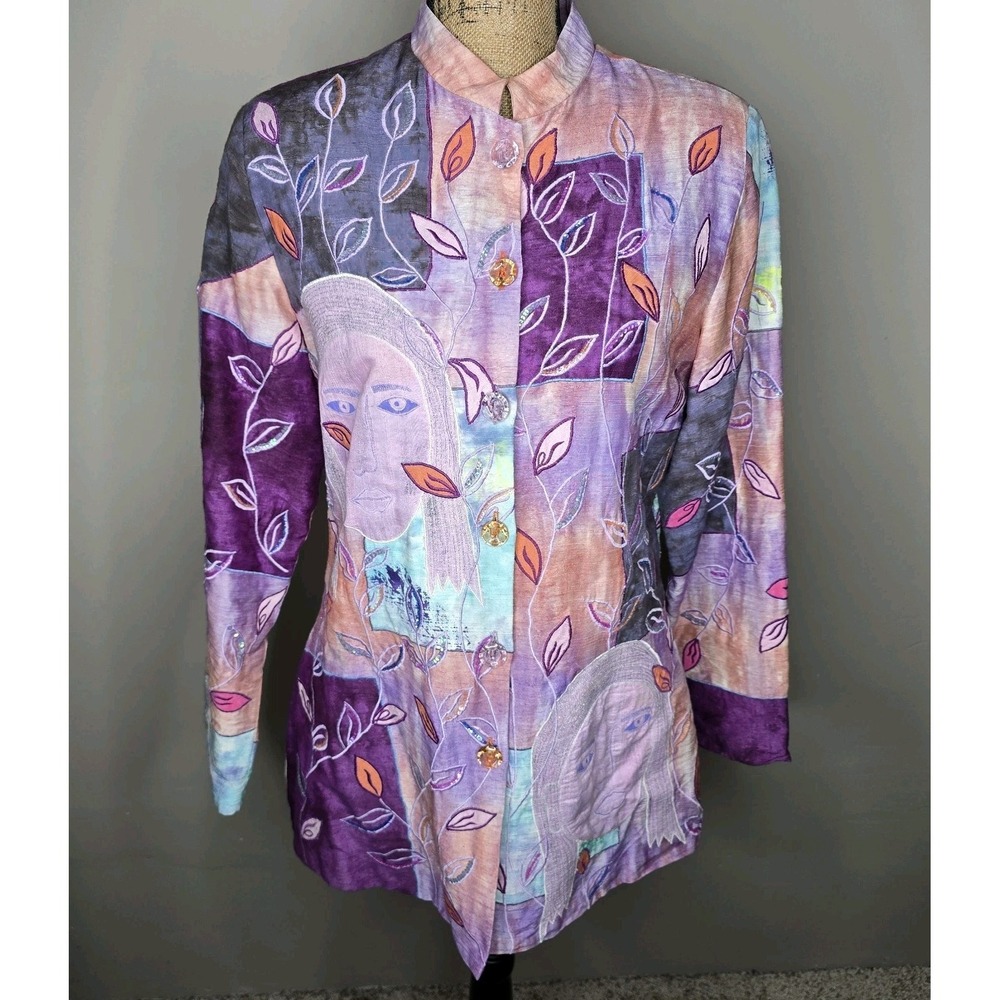 Entice Womens Art to Wear Jacket Purple Patchwork Face Embroidery Sequin M
